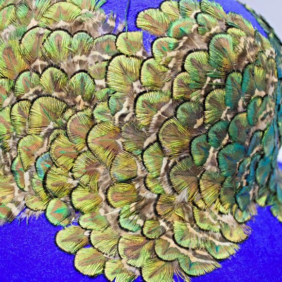 VTG Jack McConnell Blue 100% Wool Felt Fascinator Hat Green Gold Peacock Feather